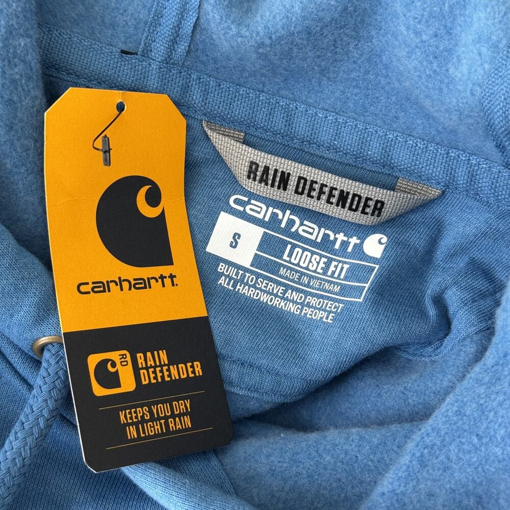 Carhartt Hoodie Men Small Rain Defender Loose Fit Pullover Logo Graphic Blue NEW - Picture 3 of 12